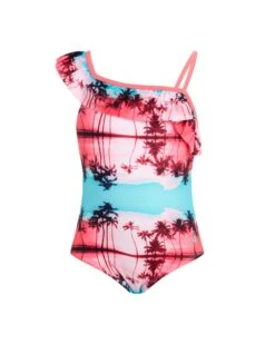 Toddler Girls' Ruffled Palm-Print One-Piece Swimsuit - Pink & Aqua